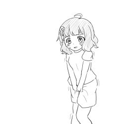 Rule 34 | 1girl, ahoge, between legs, blush, breasts, embarrassed, female focus, flower, greyscale, hair flower, hair ornament, hand between legs, have to pee, idolmaster, idolmaster million live!, maru (maru 1005), monochrome, open mouth, own hands together, shirt, short hair, short sleeves, shorts, simple background, sketch, small breasts, solo, standing, suou momoko, sweat, trembling, v arms, wet, wet clothes, white background, wide-eyed