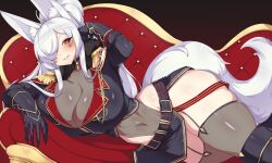 Rule 34 | 1girl, absurdres, animal ears, black footwear, black jacket, black skirt, boots, breasts, cleavage, couch, cropped jacket, discordia (vtuber), epaulettes, fox ears, fox girl, fox tail, fur-trimmed jacket, fur trim, garter straps, gauntlets, grey hair, grey tail, hair over one eye, highres, jacket, large breasts, leotard, lying, navel, on couch, on side, parted lips, pclle2, red eyes, second-party source, see-through, see-through leotard, skirt, solo, tail, thigh boots, thighhighs, vfleet, virtual youtuber
