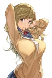 Rule 34 | 1girl, adjusting hair, arms up, blush, breasts, cardigan, fang, green eyes, hair bobbles, hair ornament, hana mori, highres, inuyama aoi, large breasts, long hair, looking at viewer, mouth hold, neckerchief, school uniform, serafuku, simple background, skin fang, solo, standing, thick eyebrows, upper body, white background, yurucamp