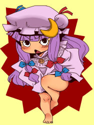 Rule 34 | &gt;:o, 1girl, :o, barefoot, blush, bow, braid, chibi, crescent, dress, female focus, hair bow, hair ribbon, hat, long hair, no pants, onikobe rin, open mouth, patchouli knowledge, plump, purple hair, ribbon, solo, tears, toes, touhou, v-shaped eyebrows, very long hair