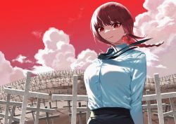 braid, braided ponytail, chainsaw man, cloud, cloudy sky, graveyard, ice reizou, looking at viewer, makima (chainsaw man), necktie, red eyes, red hair, red sky, shirt, sky, white shirt