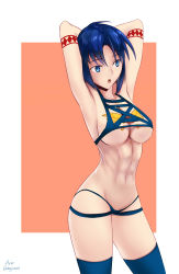 Rule 34 | 1girl, abs, absurdres, armpits, arms behind head, arms up, blue eyes, blue hair, blue thighhighs, breast tattoo, breasts, ciel (tsukihime), cleavage, cowboy shot, highres, large breasts, melty blood, meme attire, navel, oceanbellereine, open mouth, revealing clothes, short hair, solo, stretching, swimsuit, tattoo, thighhighs, toned, tsukihime, underboob
