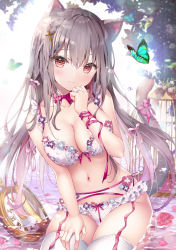 Rule 34 | 1girl, animal ear fluff, animal ears, blush, bra, breasts, brown hair, bug, butterfly, cat ears, cat tail, cleavage, clock, collarbone, commentary request, garter straps, hair between eyes, hair ribbon, highres, insect, kino (kino konomi), long hair, looking at viewer, medium breasts, navel, original, panties, partially submerged, red eyes, ribbon, sidelocks, smile, solo, stomach, tail, thighhighs, underwear, wet, white bra, white panties, white thighhighs
