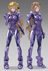 Rule 34 | 2girls, absurdres, agnes claudel, armored bodysuit, blonde hair, blue eyes, bodysuit, breasts, brown hair, commission, covered navel, eiyuu densetsu, elaine auclair, fortified suit, full body, grey background, hand on own hip, highres, impossible bodysuit, impossible clothes, kurione (zassou), kuro no kiseki, long hair, looking at viewer, medium breasts, multiple girls, muv-luv, muv-luv alternative, pilot suit, purple bodysuit, shiny clothes, skeb commission, standing