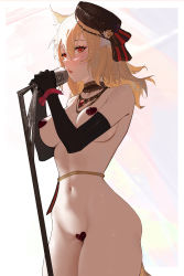 Rule 34 | 1girl, absurdres, areola slip, arknights, black choker, black gloves, black hat, blonde hair, blush, breasts, choker, cowboy shot, elbow gloves, gloves, hat, heart maebari, heart pasties, highres, jewelry, large breasts, long hair, looking at another, maebari, microphone, microphone stand, music, navel, necklace, nude, official alternate costume, orange eyes, parted lips, pasties, red ribbon, ribbon, sawaki ken, singing, solo, sora (arknights), sora (melodiosa) (arknights), stomach, tilted headwear, wrist ribbon
