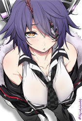 Rule 34 | 1girl, bare shoulders, breasts, checkered clothes, checkered necktie, cleavage, commentary request, eyepatch, from above, hair between eyes, headgear, highres, ifuji shinsen, kantai collection, looking at viewer, necktie, purple hair, school uniform, shirt, short hair, sleeveless, sleeveless shirt, solo, tenryuu (kancolle), yellow eyes