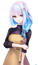 Rule 34 | 1girl, black sweater, blue hair, braid, breasts, brown dress, closed mouth, commentary request, dress, hair ornament, hair over shoulder, hairclip, highres, jazztaki, jewelry, lize helesta, long sleeves, looking at viewer, medium breasts, multicolored hair, nijisanji, pendant, purple eyes, ribbed sweater, signature, silver hair, simple background, single braid, single hair intake, smile, solo, sweater, turtleneck, turtleneck sweater, two-tone hair, virtual youtuber, white background