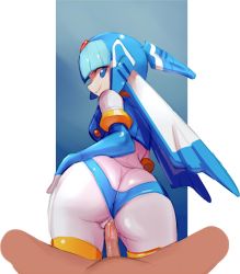 Rule 34 | 1boy, 1girl, ass, bodysuit, clothed female nude male, clothing aside, cum, cum in pussy, evil smile, faceless, faceless male, fairy leviathan (mega man), hand on ass, hetero, highres, huge ass, looking at viewer, looking back, mega man (series), mega man zero (series), nude, panties, panties aside, penis, pov, pussy, reverse cowgirl position, sex, sex from behind, smile, smug, straddling, thirnz, uncensored, underwear