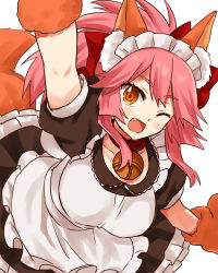 Rule 34 | 1girl, animal ear fluff, animal ears, animal hands, apron, bell, bent over, blush stickers, breasts, cat paws, collar, collarbone, fang, fate/grand order, fate (series), fox ears, fox girl, fox tail, gloves, hair ribbon, highres, izumi minami, jingle bell, large breasts, long hair, looking at viewer, maid, maid apron, maid headdress, neck bell, one eye closed, open mouth, paw gloves, pink hair, ponytail, red ribbon, ribbon, simple background, solo, tail, tamamo (fate), tamamo cat (fate), tamamo cat (second ascension) (fate), white background, yellow eyes