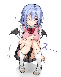 Rule 34 | 1girl, ;), absurdres, alternate costume, amagi (amagi626), ass, bat wings, black skirt, blue hair, bow, bowtie, breasts, colored eyelashes, commentary request, contemporary, eighth note, full body, hair between eyes, highres, knees up, looking at viewer, mary janes, medium breasts, miniskirt, musical note, no headwear, one-hour drawing challenge, one eye closed, pink vest, pleated skirt, red bow, red bowtie, red eyes, remilia scarlet, school uniform, shadow, shirt, shoes, short hair, short sleeves, simple background, skirt, smile, solo, squatting, sweater vest, thighs, touhou, translation request, vest, white background, white footwear, white shirt, wings
