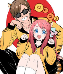 Rule 34 | 1boy, 1girl, 2022, :d, animal ears, animal print, black pants, blue eyes, blue ribbon, brown hair, chinese zodiac, commentary, da huang, elbow on knee, fangs, grin, hair ribbon, head rest, jacket, kemonomimi mode, long sleeves, looking at viewer, minamoto sakura, new year, one side up, open mouth, pants, paw pose, pink ribbon, polka dot, polka dot ribbon, print jacket, red hair, ribbon, short hair, sitting, smile, socks, sparkle, sunglasses, swept bangs, symbol-only commentary, tail, tatsumi koutarou, tiger ears, tiger print, tiger tail, white legwear, year of the tiger, yellow jacket, zombie land saga