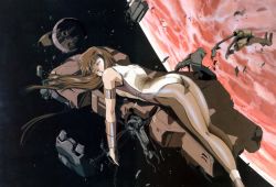 Rule 34 | 1980s (style), 1girl, armlet, bodysuit, bracer, brown hair, brown legwear, dangaiou, closed eyes, hirano toshihiro, leotard, long hair, lying, mia alice, official art, retro artstyle, planet, retro artstyle, science fiction, solo, space, spoilers
