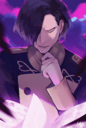 Rule 34 | 1boy, black hair, book, buttons, fire emblem, fire emblem: three houses, gloves, hair over one eye, hand on own chin, highres, hubert von vestra, long sleeves, looking at viewer, male focus, military, military uniform, nintendo, open book, parted lips, purple eyes, short hair, signature, simple background, solo, sylvia (huajiuhuajiu), uniform, upper body, white gloves