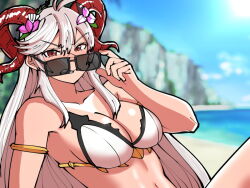 Rule 34 | 1girl, adjusting eyewear, angry, antenna hair, armlet, bare shoulders, beach, bikini, blue sky, blurry, blurry background, breasts, cleavage, clenched teeth, collarbone, commentary, curled horns, day, diamond-shaped pupils, diamond (shape), english commentary, fire emblem, fire emblem heroes, freyja (fire emblem), freyja (summer) (fire emblem), goat horns, grey hair, hair between eyes, horns, large breasts, long hair, looking at viewer, midriff, mnejing30, navel, nintendo, official alternate costume, outdoors, red eyes, red horns, sidelocks, sky, solo, sunglasses, swimsuit, symbol-shaped pupils, teeth, v-shaped eyebrows, very long hair, white bikini