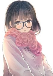 Rule 34 | 1girl, brown eyes, brown hair, coat, commentary request, enpera, eyelashes, furai, glasses, highres, long sleeves, looking at viewer, original, parted lips, pink scarf, scarf, simple background, smile, solo, upper body, white background, winter clothes