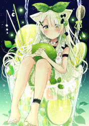Rule 34 | 1girl, absurdres, animal ear fluff, animal ears, bare shoulders, barefoot, black bow, blush, bow, closed mouth, clothes between thighs, collarbone, commentary request, convenient leg, crescent, cup, dress, drinking glass, fingernails, food, frilled dress, frills, fruit, glowing, gradient hair, green bow, green eyes, green hair, green nails, grey hair, hair bow, hair ornament, hair over one eye, hairclip, highres, in container, leaf hair ornament, lime (fruit), lime slice, mini person, minigirl, multicolored hair, nail polish, original, own hands together, sakura oriko, sleeveless, sleeveless dress, solo, star (symbol), toenail polish, toenails, white bow, white dress, x hair ornament