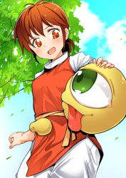 Rule 34 | 1girl, breasts, brown hair, colt (monster farm), day, eye contact, green eyes, highres, looking at another, monster farm, outdoors, red eyes, red shirt, shirt, short hair, small breasts, standing, suezo, tomurasuisen, tongue, tongue out, tree