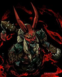 Rule 34 | 1boy, artist name, beard, blue skin, character name, colored skin, dark background, dota (series), dota 2, facial hair, grimstroke (dota 2), highres, holding, holding weapon, horns, long hair, male focus, mask, open mouth, paintbrush, pointy ears, red horns, scorpionork, shoulder spikes, solo, spikes, upper body, weapon, white eyes, white hair
