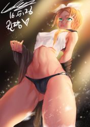 Rule 34 | 10s, 1girl, 2016, absurdres, bad id, bad pixiv id, black panties, blonde hair, blue eyes, bow, breasts, cockia, cowboy shot, crop top, crop top overhang, dated, covered erect nipples, eyelashes, from below, gluteal fold, hair between eyes, hair bow, hair ornament, hair ribbon, hairclip, heart, highres, kagamine rin, legs apart, looking at viewer, looking down, motion blur, navel, no pants, off shoulder, panties, parted lips, ribbon, sailor collar, shade, short hair, signature, sleeveless, small breasts, solo, stage lights, stomach, toned, underwear, untied, vocaloid, white bow