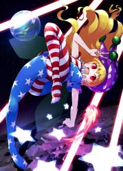 Rule 34 | 13-gou, 1girl, american flag dress, american flag legwear, blonde hair, blush, breasts, clownpiece, commentary request, danmaku, earth (planet), fairy wings, floating hair, full body, hat, holding, holding torch, jester cap, laser, long hair, moon, neck ruff, open mouth, pantyhose, planet, polka dot, purple hat, red eyes, short sleeves, small breasts, solo, space, star (symbol), teeth, torch, touhou, upper teeth only, v, wings