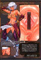 Rule 34 | .hack//, 1girl, anus, arm behind head, arm up, armor, armpits, bandai, bar censor, bare shoulders, black rose (.hack//), breasts, brown eyes, censored, character profile, choker, cleft of venus, close-up, collarbone, cosine, cyber connect 2, dark-skinned female, dark skin, description, facial mark, female focus, gauntlets, hand on own hip, highres, looking at viewer, measurements, navel, nipples, project x zone, pussy, short hair, smile, solo, standing, standing on one leg, tattoo, thighhighs, translation request, white hair