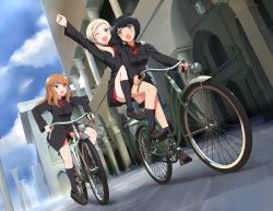 Rule 34 | 3girls, :d, ;d, bicycle, black hair, blonde hair, blush, brown eyes, brown hair, building, collared shirt, fernandia malvezzi, grey eyes, kaneko (novram58), loafers, long hair, looking at another, luciana mazzei, martina crespi, md5 mismatch, military, military uniform, multiple girls, multiple riders, one eye closed, open mouth, panties, ponytail, purple eyes, red panties, riding, shirt, shoes, short hair, smile, strike witches, strike witches: kurenai no majo-tachi, sweatdrop, underwear, uniform, world witches series