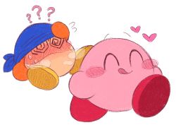 Rule 34 | 1boy, 1other, ?, ??, @ @, after kiss, bandana, bandana waddle dee, blue headwear, blush, blush stickers, colored skin, confused, closed eyes, full-face blush, happy, heart, heavy breathing, kirby, kirby (series), licking lips, nintendo, no humans, pervoborb, simple background, sitting, steam, sweat, tired, tongue, tongue out, walking, walking away, white background