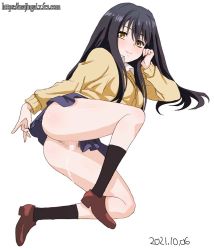 Rule 34 | 1girl, after vaginal, aftersex, ass, black hair, black socks, blush, breasts, censored, closed mouth, cum, cum in pussy, cumdrip, dated, female focus, full body, long hair, looking at viewer, lying, mieruko-chan, mosaic censoring, no panties, on side, pleated skirt, school uniform, shiny skin, shoes, simple background, skirt, smile, socks, solo, watermark, web address, white background, yellow eyes, yotsuya miko