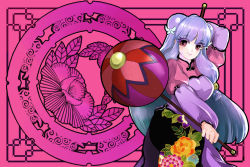 Rule 34 | 1girl, bell, chinese clothes, chui, colored eyelashes, double bun, dual wielding, floral print, holding, long hair, mace, nagagutsu, pink background, purple hair, ranma 1/2, shampoo (ranma 1/2), smile, solo, weapon