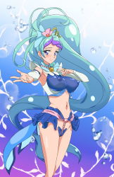 Rule 34 | 1girl, adapted costume, bad id, bad pixiv id, blue eyes, blue hair, breasts, choker, closed mouth, commentary request, covered erect nipples, cure mermaid, detached sleeves, earrings, go! princess precure, highres, jewelry, kaidou minami, large breasts, long hair, looking at viewer, magical girl, midriff, multicolored hair, navel, ontaros, outstretched arm, precure, purple hair, shiny skin, skirt, smile, solo, standing, streaked hair, two-tone hair