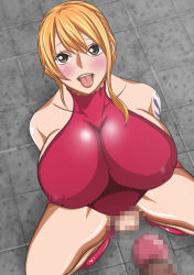 Rule 34 | 1girl, bare shoulders, breasts, brown eyes, censored, cleavage, cleavage cutout, clothing cutout, dress, covered erect nipples, huge breasts, long hair, looking at viewer, nami (one piece), one piece, open mouth, orange hair, red dress, smile, solo, tattoo, tongue, tongue out