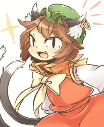 Rule 34 | 1girl, animal ears, bow, brown hair, cat ears, cat tail, chen, earrings, fang, hat, ibaraki natou, jewelry, multiple tails, nekomata, open mouth, short hair, smile, solo, tail, touhou