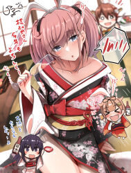 Rule 34 | 4girls, akatsuki (kancolle), alternate costume, animal ears, atlanta (kancolle), black hair, black kimono, black ribbon, blonde hair, blue eyes, breasts, brown hair, chinese zodiac, collarbone, cup, drinking glass, fake animal ears, floral print, furisode, giraffe (ilconte), hair flaps, hair ornament, hair ribbon, hairband, hairclip, headgear, hiei (kancolle), hiei kai ni (kancolle), highres, holding, holding cup, japanese clothes, kantai collection, kimono, large breasts, layered clothes, layered kimono, long hair, looking at viewer, multiple girls, obi, official alternate costume, print kimono, rabbit ears, ribbon, sash, speech bubble, translation request, two side up, white hairband, wide sleeves, year of the rabbit, yuudachi (kancolle), yuudachi kai ni (kancolle)