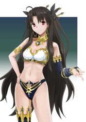 Rule 34 | 1girl, arm up, armlet, asymmetrical legwear, asymmetrical sleeves, bandeau, bikini, black hair, blue background, blue bikini, bosutonii, breasts, bridal gauntlets, cleavage, commentary request, cowboy shot, earrings, elbow gloves, fate/grand order, fate (series), gloves, gradient background, hair intakes, hair ribbon, hand on own hip, highres, hoop earrings, ishtar (fate), jewelry, long hair, looking at viewer, medium breasts, mismatched bikini, neck ring, parted bangs, parted lips, red eyes, ribbon, sidelocks, single elbow glove, single thighhigh, solo, standing, swimsuit, thighhighs, tiara, uneven legwear, uneven sleeves, very long hair, white background, white bikini