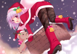 Rule 34 | &gt; &lt;, 1girl, :d, absurdres, antlers, ass, bell, bent over, black pantyhose, blush, boots, braid, chimney, christmas, closed eyes, from behind, from below, hat, highres, horns, image sample, light purple hair, looking back, mittens, night, night sky, open mouth, original, pan (mimi), pantyhose, patterned legwear, plaid, plaid legwear, print legwear, purple eyes, purple hair, sack, santa costume, santa hat, short hair, side braid, sky, smile, snow, snowing, thighs