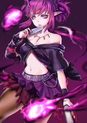 Rule 34 | 1girl, absurdres, arknights, bad id, bad pixiv id, bare shoulders, belt, book, breasts, cleavage, commentary, cowboy shot, ear piercing, eyeliner, eyeshadow, female focus, fire, gradient background, hand up, highres, holding, holding book, holding knife, holding weapon, horns, huge filesize, jewelry, knife, lava (arknights), light particles, makeup, medium breasts, midriff, miniskirt, navel, necklace, off-shoulder shirt, off shoulder, parted lips, piercing, pointy ears, purple background, purple eyes, purple fire, purple hair, purple shirt, purple skirt, shirt, short hair, short sleeves, sidelocks, skirt, solo, standing, stomach, thighs, weapon, wristband, zawijawa