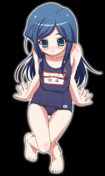 Rule 34 | 00s, 1girl, bare arms, bare legs, bare shoulders, barefoot, black background, blue eyes, blue hair, blue one-piece swimsuit, dot nose, etou mei, feet, female focus, full body, gakuen utopia manabi straight!, gambler club, knees together feet apart, looking at viewer, matching hair/eyes, name tag, one-piece swimsuit, school swimsuit, simple background, solo, swimsuit, tareme, toes
