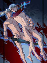 Rule 34 | 2boys, abs, barefoot, devil may cry (series), foxbravo, full body, male focus, multiple boys, penis, silver hair, smile, sword, testicles, weapon
