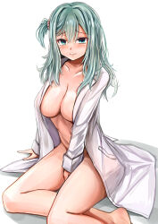 Rule 34 | 1girl, 3books, :3, absurdres, aqua eyes, aqua hair, arm at side, barefoot, beads, between legs, blush, breasts, cleavage, closed mouth, coat, collarbone, commentary, curvy, double-parted bangs, furrowed brow, hair beads, hair between eyes, hair ornament, hand between legs, highres, lab coat, large breasts, long hair, long sleeves, looking at viewer, naked labcoat, naughty face, one side up, open clothes, open coat, riddle joker, shikibe mayu, simple background, sitting, smile, solo, thighs, white background, yokozuwari