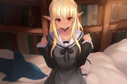 Rule 34 | 1girl, bed, bedroom, black choker, black dress, black jacket, black ribbon, blonde hair, blush, bookshelf, braid, breasts, cait aron, choker, closed mouth, collarbone, commentary, cone hair bun, dark-skinned female, dark skin, dress, elf, french braid, hair bun, hololive, honey strap, indoors, jacket, long hair, looking at viewer, medium breasts, multicolored hair, nanashi inc., off shoulder, official alternate costume, open clothes, open jacket, pinstripe dress, pinstripe pattern, pointy ears, red eyes, ribbon, sailor collar, shiranui flare, shiranui flare (street), smile, solo, streaked hair, striped clothes, striped dress, stuffed animal, stuffed shark, stuffed toy, suou patra, two-tone hair, virtual youtuber, white hair