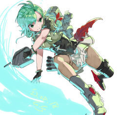 Rule 34 | 1girl, adapted turret, antenna hair, anti-aircraft, anti-aircraft gun, black gloves, blush, boots, bow, bowtie, brown pantyhose, cannon, corset, depth charge projector, dress, gegeron, gloves, green bow, green bowtie, green eyes, green hair, grey sailor collar, grey skirt, hair over shoulder, hair ribbon, highres, kantai collection, long hair, low twintails, machinery, matsu (kancolle), pantyhose, pleated skirt, ribbon, sailor collar, sailor dress, sailor shirt, school uniform, serafuku, shirt, short sleeves, simple background, skirt, smokestack, solo, torpedo launcher, twintails, water, white background, white sailor collar, zipper pull tab