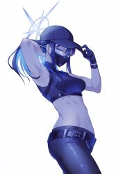Rule 34 | 1girl, absurdres, arm behind head, arm up, armpits, bare shoulders, baseball cap, belt, black belt, black gloves, black hair, black hat, black mask, black pants, black shirt, blue archive, blue eyes, blue hair, breasts, buckle, chest harness, commentary request, cowboy shot, crop top, gloves, groin, hair between eyes, halo, harness, hat, highres, long hair, looking at viewer, mask, medium breasts, midriff, mouth mask, multicolored hair, navel, no coat, pants, partial commentary, saori (blue archive), shirt, simple background, sleeveless, sleeveless shirt, snap-fit buckle, solo, standing, stomach, suyasuya (user tjnw5554), two-tone hair, underbust, white background