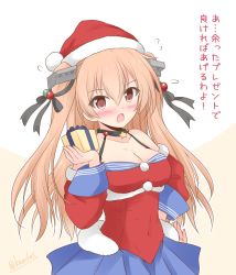Rule 34 | 1girl, adapted costume, blue skirt, blush, breasts, brown eyes, christmas, cleavage, commentary request, fur-trimmed headwear, fur trim, gift, hat, highres, johnston (kancolle), kantai collection, light brown hair, long hair, looking at viewer, medium breasts, navel, off shoulder, one-hour drawing challenge, outline, partial commentary, pleated skirt, red hat, red shirt, santa hat, school uniform, serafuku, shirt, shizuna kaede, simple background, skirt, solo, translated, two side up, white outline