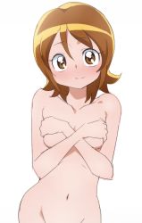 Rule 34 | 10s, 1girl, breasts, brown eyes, brown hair, covering privates, covering breasts, groin, happinesscharge precure!, navel, nude, oimanji, oomori yuuko, out-of-frame censoring, precure, short hair, simple background, sketch, small breasts, smile, solo, white background