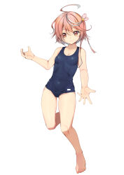 Rule 34 | 1girl, absurdres, ahoge, barefoot, blush, breasts, full body, hair ornament, highres, i-58 (kancolle), kantai collection, looking at viewer, one-piece swimsuit, pink hair, school swimsuit, short hair, simple background, small breasts, smile, solo, swimsuit, white background, yashin (yasinz)