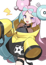 Rule 34 | &gt;:), 1girl, absurdres, bare shoulders, blue hair, bow-shaped hair, breasts, character hair ornament, collarbone, creatures (company), game freak, gazacy (dai), grey pantyhose, hair ornament, halterneck, hexagon print, highres, iono (pokemon), jacket, lightning bolt symbol, long hair, looking at viewer, medium breasts, multicolored hair, nintendo, open mouth, oversized clothes, pantyhose, pink hair, pokemon, pokemon sv, purple eyes, sharp teeth, single leg pantyhose, sleeves past fingers, sleeves past wrists, smile, solo, teeth, thigh strap, twintails, two-tone hair, v-shaped eyebrows, very long hair, very long sleeves, white background, x, yellow jacket