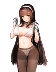 Rule 34 | 1girl, black hair, blush, breasts, brown pantyhose, cleavage, dorok, girls&#039; frontline, gloves, hairband, hands up, highres, large breasts, legs together, long hair, looking at viewer, navel, orange eyes, panties, panties under pantyhose, pantyhose, simple background, skindentation, solo, straight hair, thighband pantyhose, type 95 (girls&#039; frontline), underwear, very long hair, white background, white gloves, white hairband, white panties