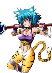 Rule 34 | 1girl, animal ears, armlet, blue eyes, blue hair, breasts, breath of fire, breath of fire ii, cat ears, cat tail, choker, cosplay, covered erect nipples, crop top, fingerless gloves, gloves, kemonomimi mode, matching hair/eyes, medium breasts, navel, nipples, nishijima waon, precure, rinpoo chuan, rinpoo chuan (cosplay), short hair, simple background, smile, solo, suite precure, tail, tiger tail, wand, white background, yooki (rakugaki switch)