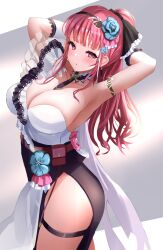 Rule 34 | 1girl, arm strap, armpits, arms behind head, arms up, ashlee (vtuber), bare shoulders, black skirt, breasts, cleavage, commission, cowboy shot, flower, hair flower, hair ornament, highres, indie virtual youtuber, large breasts, long hair, looking at viewer, manda (manda9n), necktie, no panties, parted lips, pelvic curtain, pink hair, red eyes, shirt, short necktie, skeb commission, skirt, sleeveless, sleeveless shirt, solo, standing, thigh strap, thighs, twisted torso, virtual youtuber, white shirt
