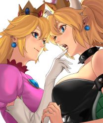 Rule 34 | 2girls, armlet, backlighting, black dress, black nails, blonde hair, blue eyes, blush, borrowed design, bowsette, bracelet, breasts, brooch, collar, commentary request, dress, earrings, elbow gloves, face-to-face, fingernails, gem, gloves, hair between eyes, highres, horns, jewelry, large breasts, long fingernails, long hair, looking at another, mario (series), multiple girls, nail polish, new super mario bros. u deluxe, nintendo, open mouth, pink dress, pointy ears, ponytail, princess peach, puffy short sleeves, puffy sleeves, sharp teeth, shell, short sleeves, simple background, smile, spiked armlet, spiked collar, spikes, super crown, teeth, turtle shell, white background, white gloves, yuri, zonotaida